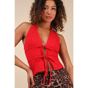 Lulus Chelsa Red Seamed Tie-front Halter Top - Size XS